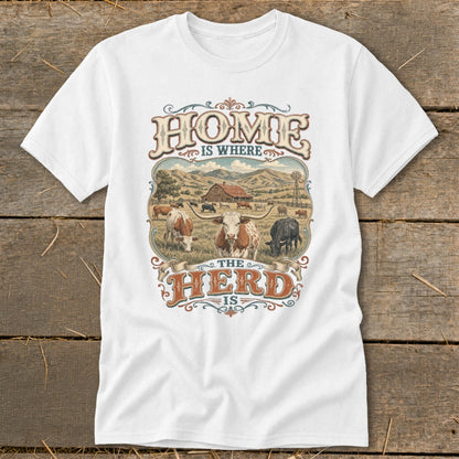 White t-shirt graphic with text "HOME IS WHERE THE HERD IS" and a farm scene.