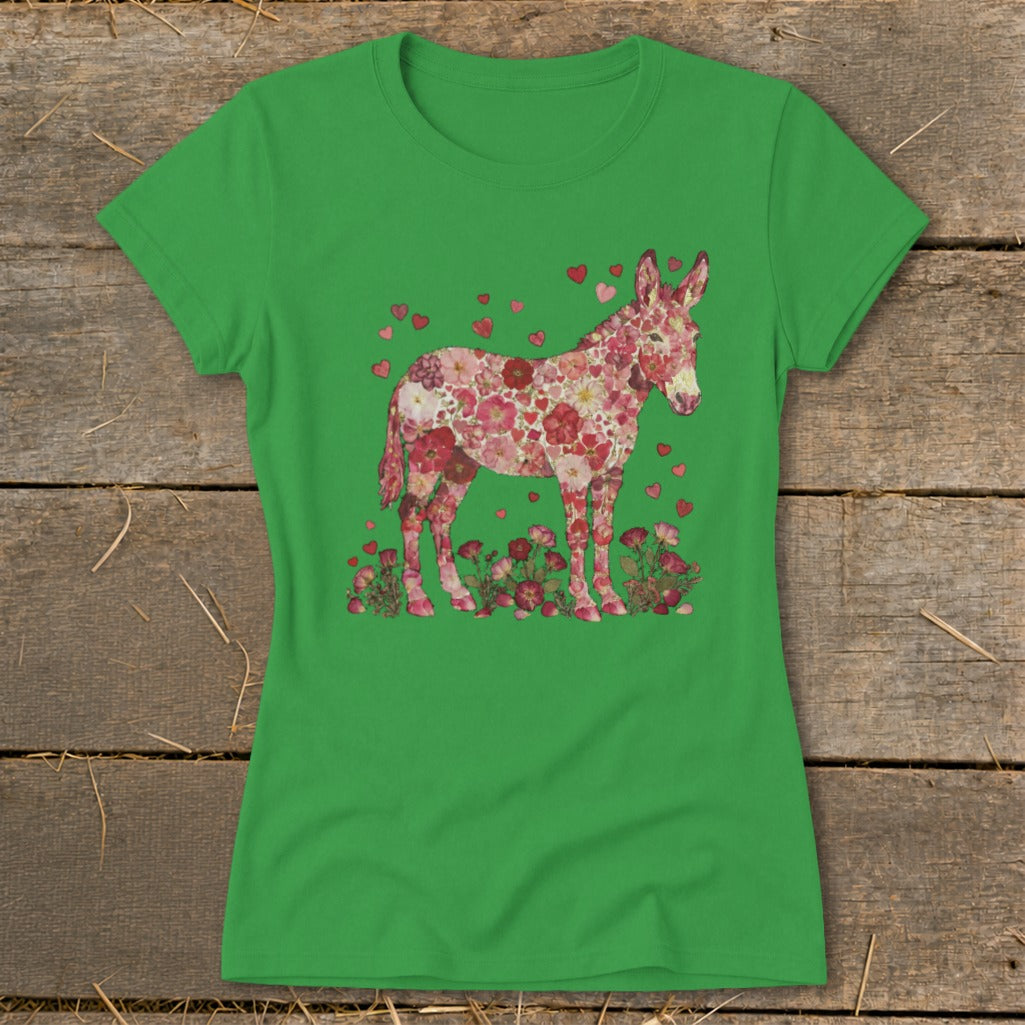 Green t-shirt with a donkey design made of pink flowers and hearts.