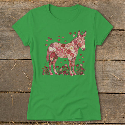 Green t-shirt with a donkey design made of pink flowers and hearts.