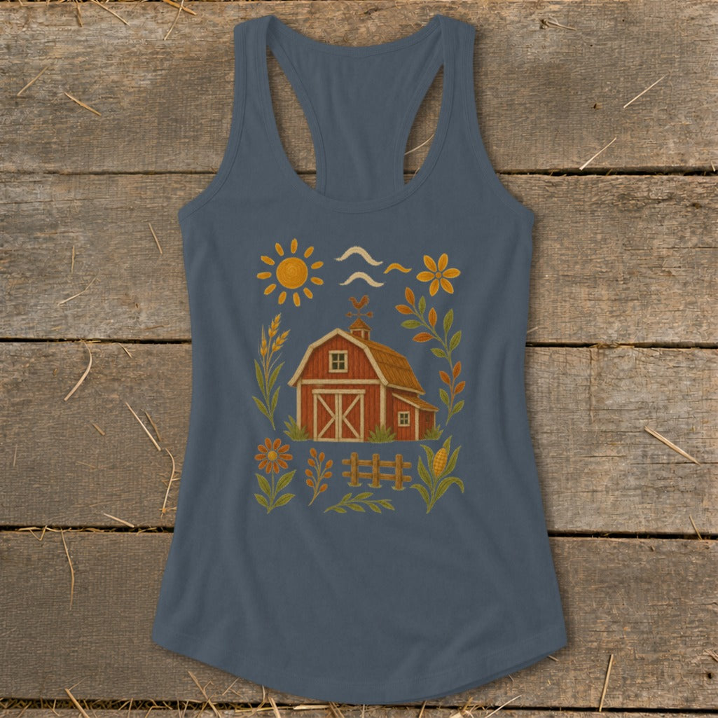 Farmhouse barn with sun, flowers, and fence design on a grey tank top.