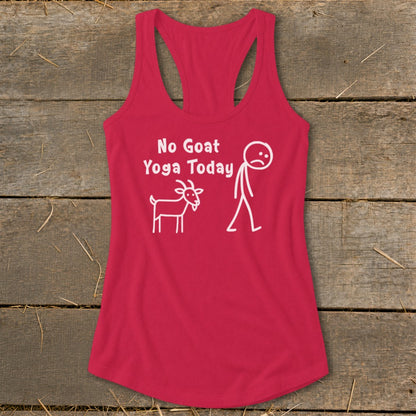 Red tank top with "No Goat Yoga Today" text and stick figures of a goat and person.