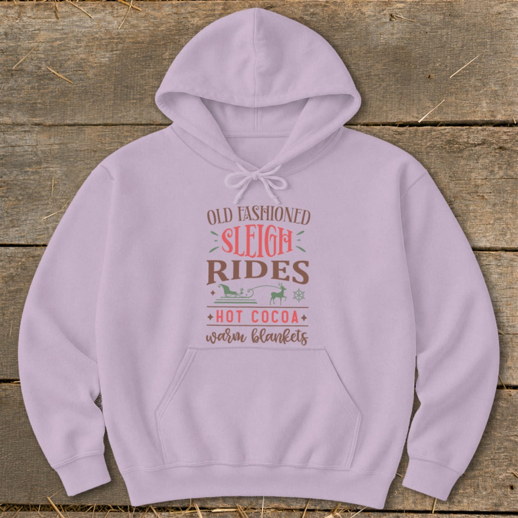 Lavender hoodie with "Old Fashioned Sleigh Rides Hot Cocoa Warm Blankets" text and graphics.