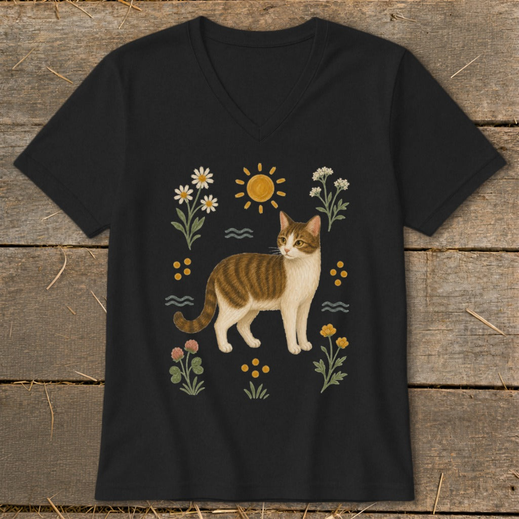 Black t-shirt with a brown and white cat illustration surrounded by flowers, sun, and waves.