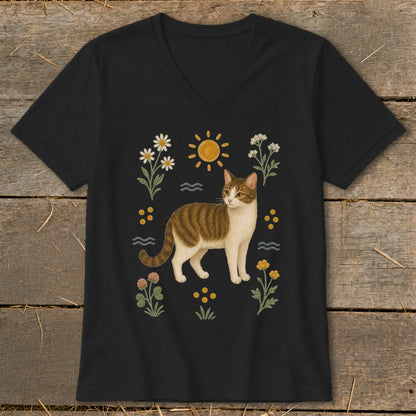 Black t-shirt with a brown and white cat illustration surrounded by flowers, sun, and waves.