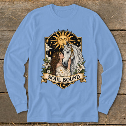Woman and horse embrace under sun and stars, with "Soul Bound" text banner.