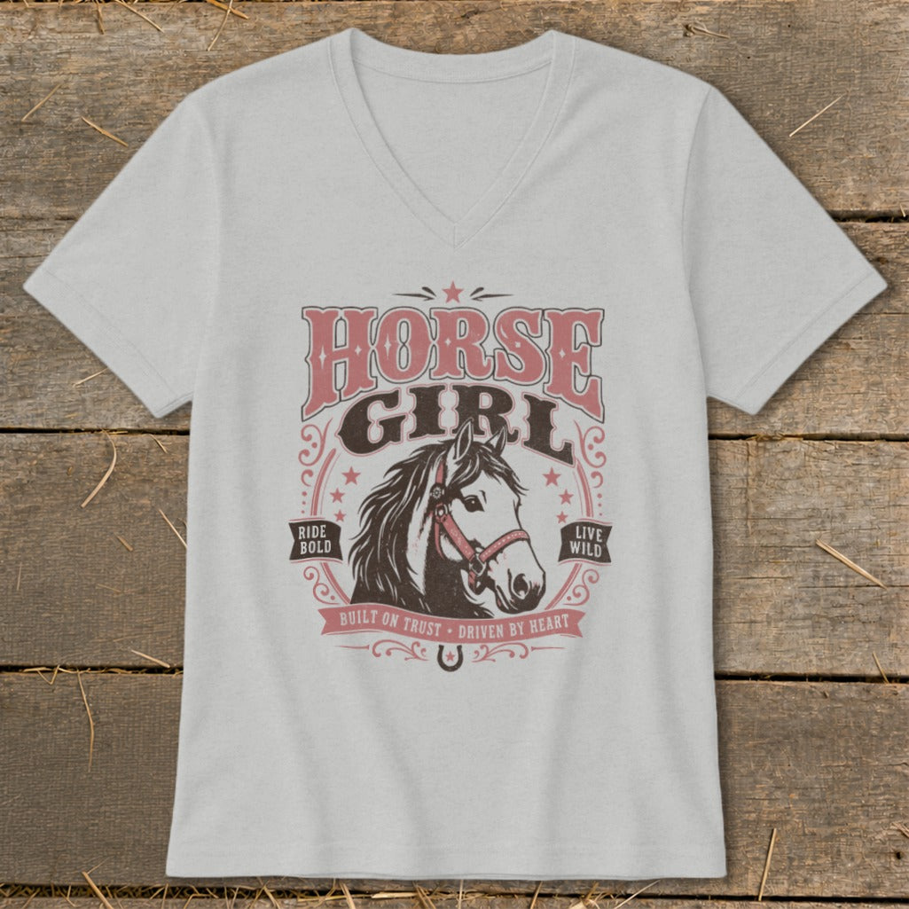Grey v-neck t-shirt with "Horse Girl" text and horse graphic.