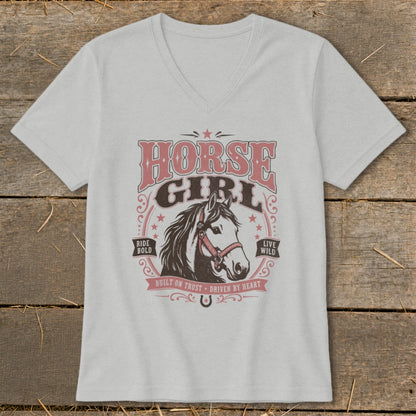 Grey v-neck t-shirt with "Horse Girl" text and horse graphic.