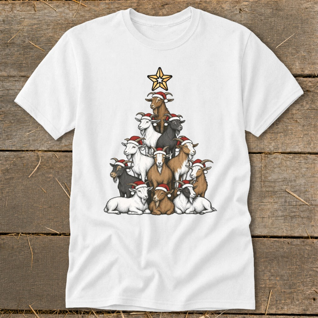 White t-shirt with a Christmas tree shape made of goats wearing Santa hats.