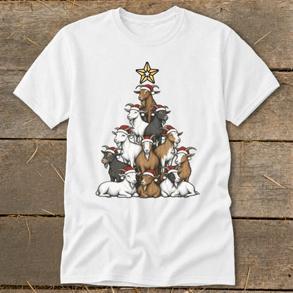 White t-shirt with a Christmas tree shape made of goats wearing Santa hats.