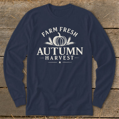 Navy long sleeve shirt with "Farm Fresh Autumn Harvest" pumpkin and wheat design.