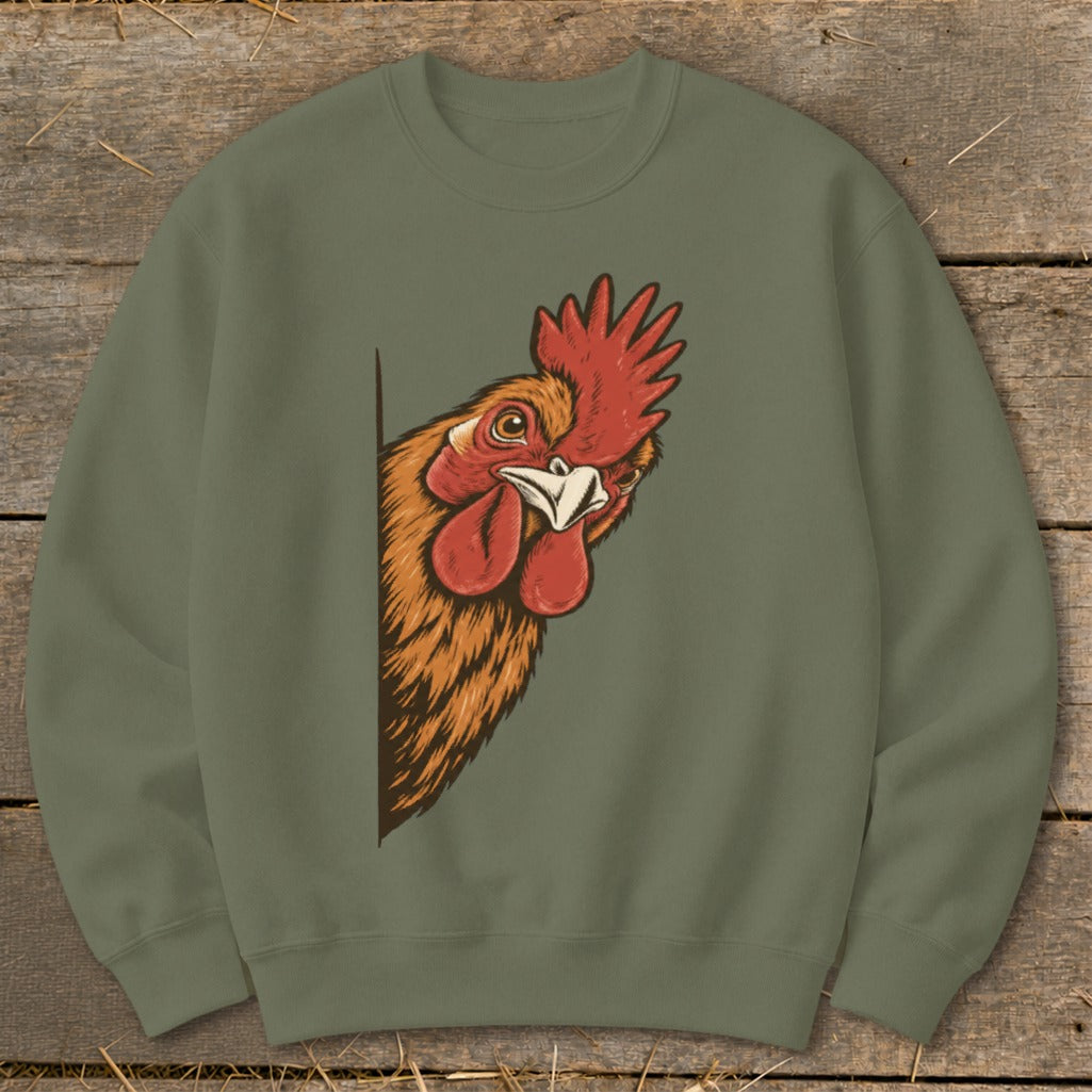 Olive green sweatshirt with a rooster peeking from the side.