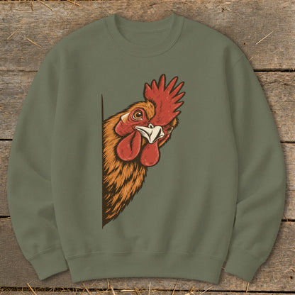 Olive green sweatshirt with a rooster peeking from the side.