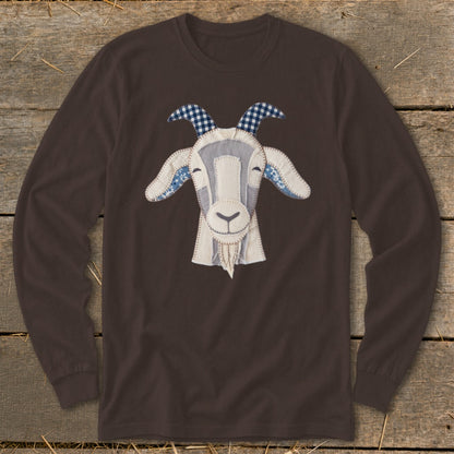Brown long-sleeve shirt with a white fabric goat face applique.
