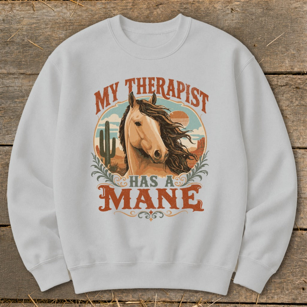 Light gray sweatshirt with "My Therapist Has A Mane" text and horse graphic.