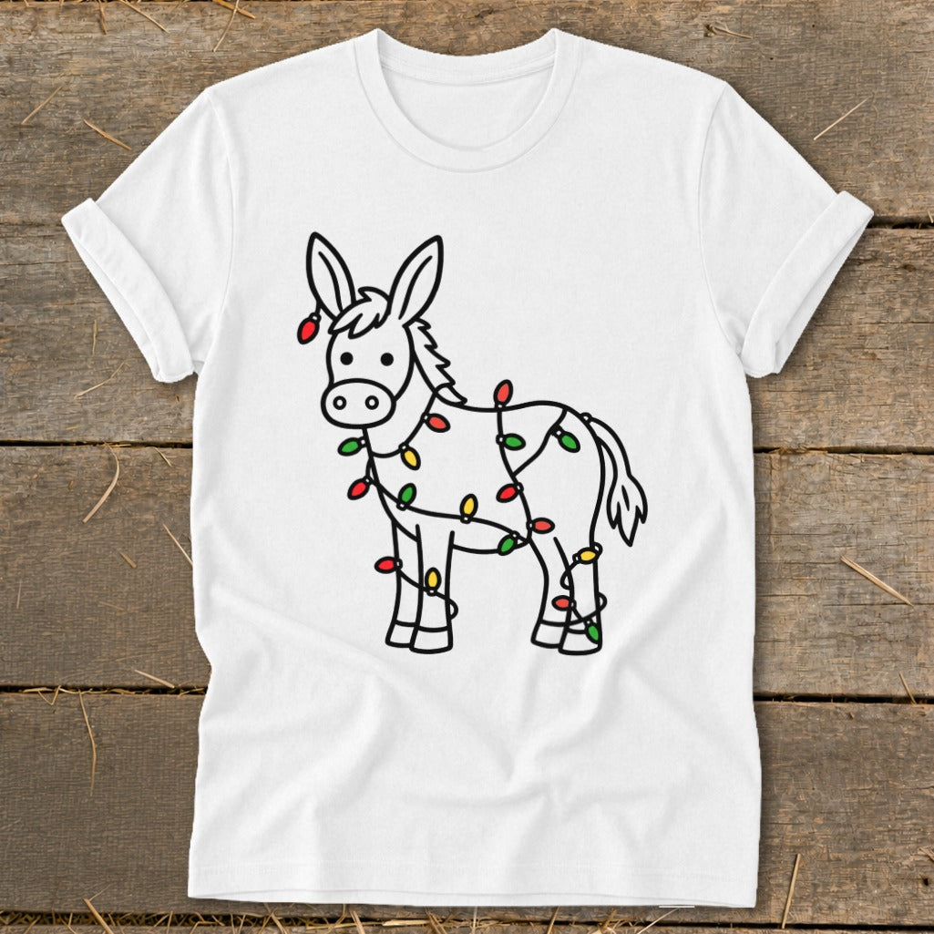 White t-shirt with cartoon donkey decorated with Christmas lights.