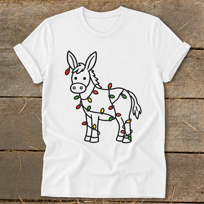 White t-shirt with cartoon donkey decorated with Christmas lights.