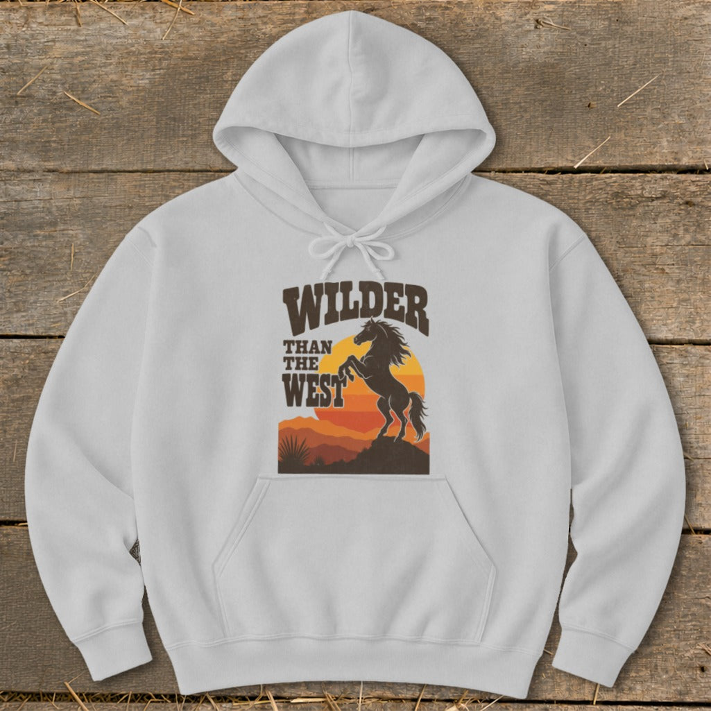 White hoodie with "Wilder Than The West" text and rearing horse graphic.