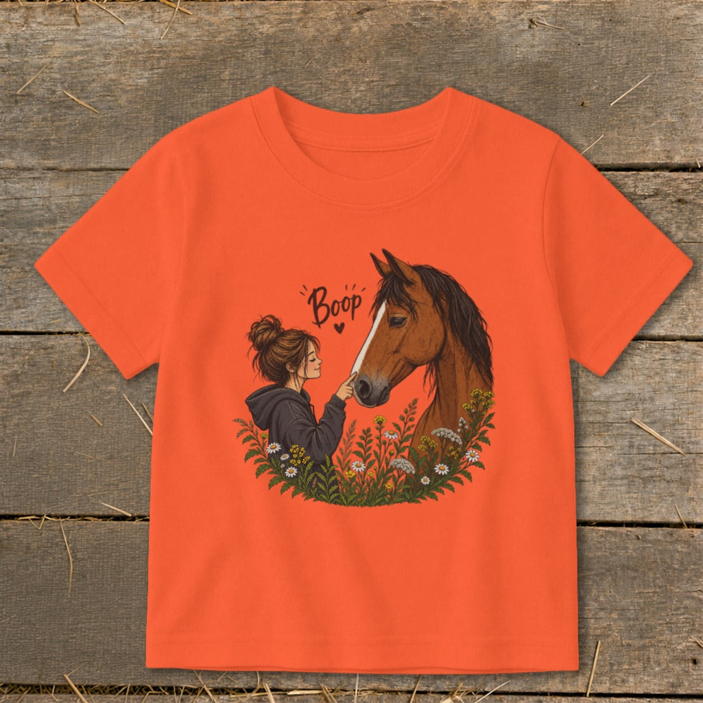 Illustration of a girl booping a horse's nose with text "Boop" above.