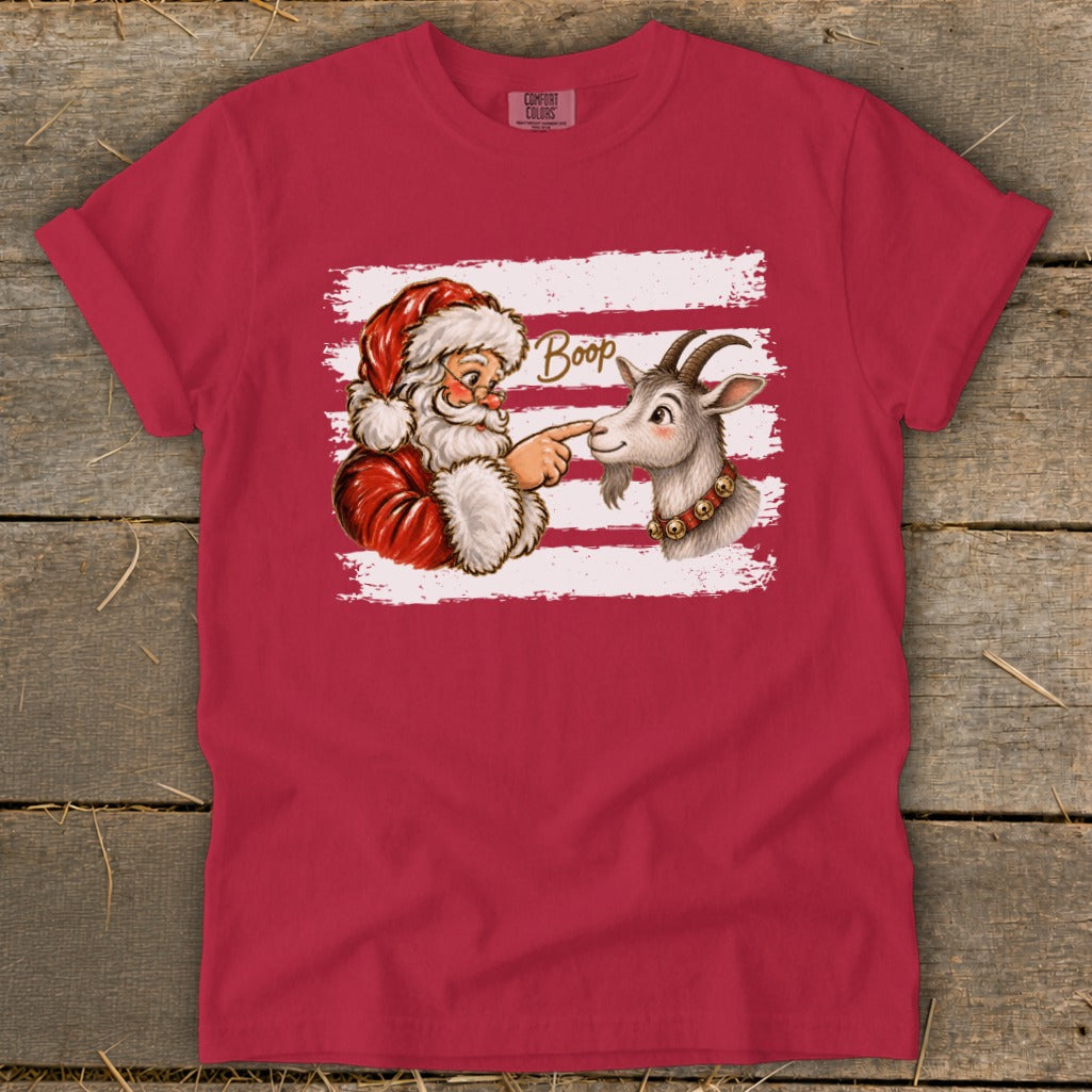Santa booping a goat with "Boop" text and distressed stripes.