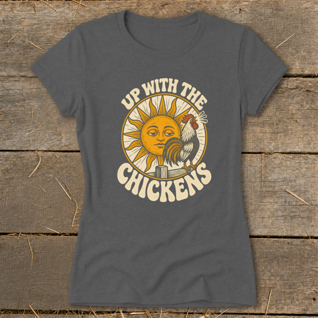 Dark gray t-shirt featuring a retro graphic of a sun, rooster, and the text Up With The Chickens.