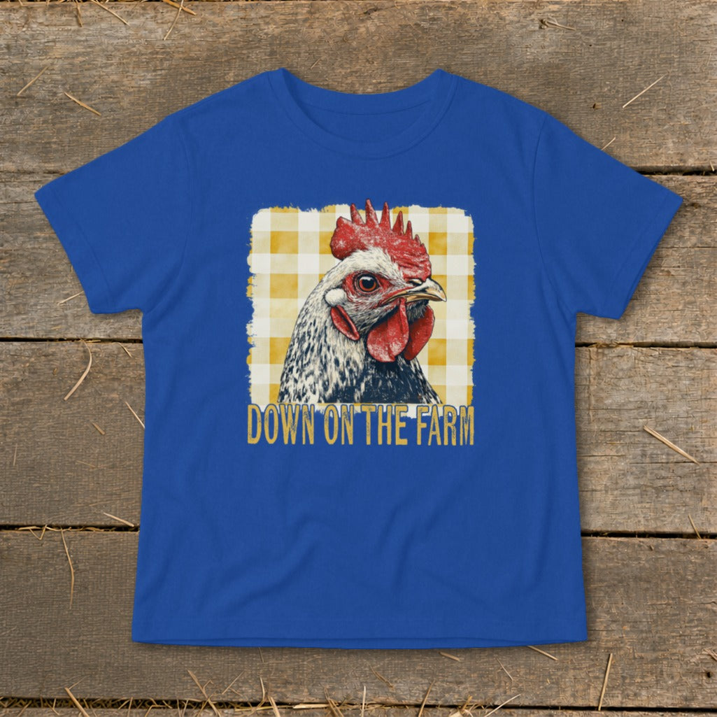 Blue t-shirt with a chicken graphic and "DOWN ON THE FARM" text.