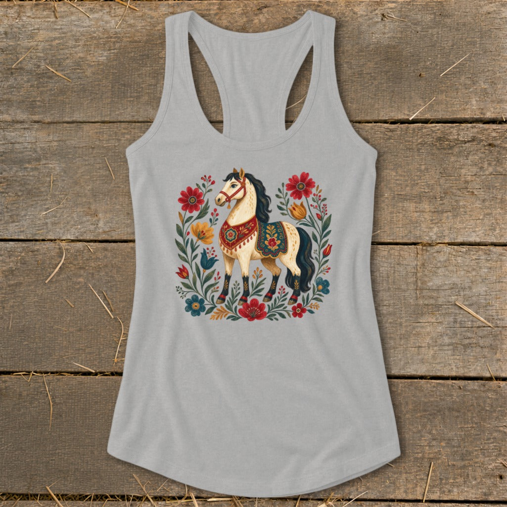 Grey tank top with a white horse illustration surrounded by colorful flowers.