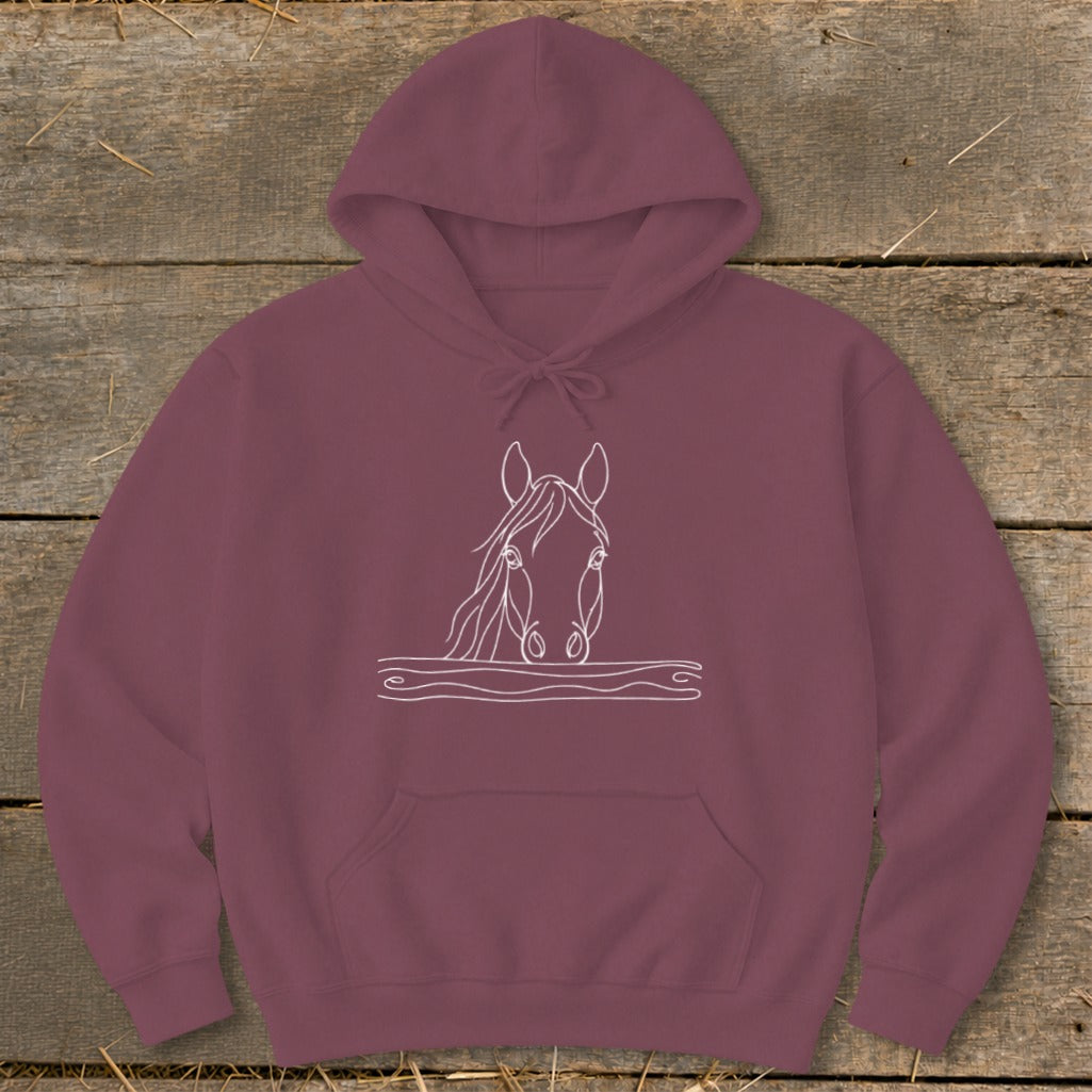 Maroon hoodie with white horse head outline graphic.