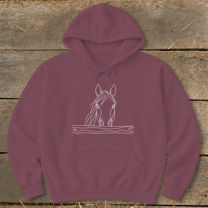 Maroon hoodie with white horse head outline graphic.