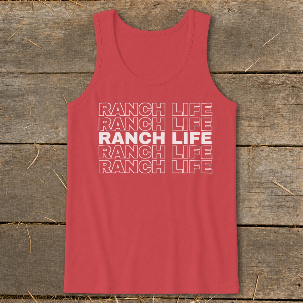 Red tank top featuring the white text Ranch Life stacked in five rows against a wooden background.