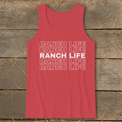 Red tank top featuring the white text Ranch Life stacked in five rows against a wooden background.
