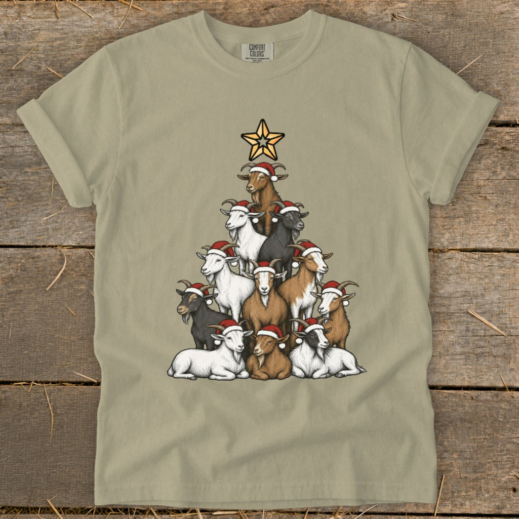 Christmas tree shaped arrangement of goats wearing Santa hats with a star on top.