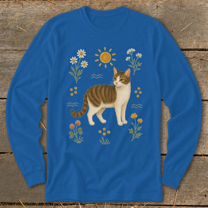 Long sleeve blue shirt with tabby cat and floral illustration.