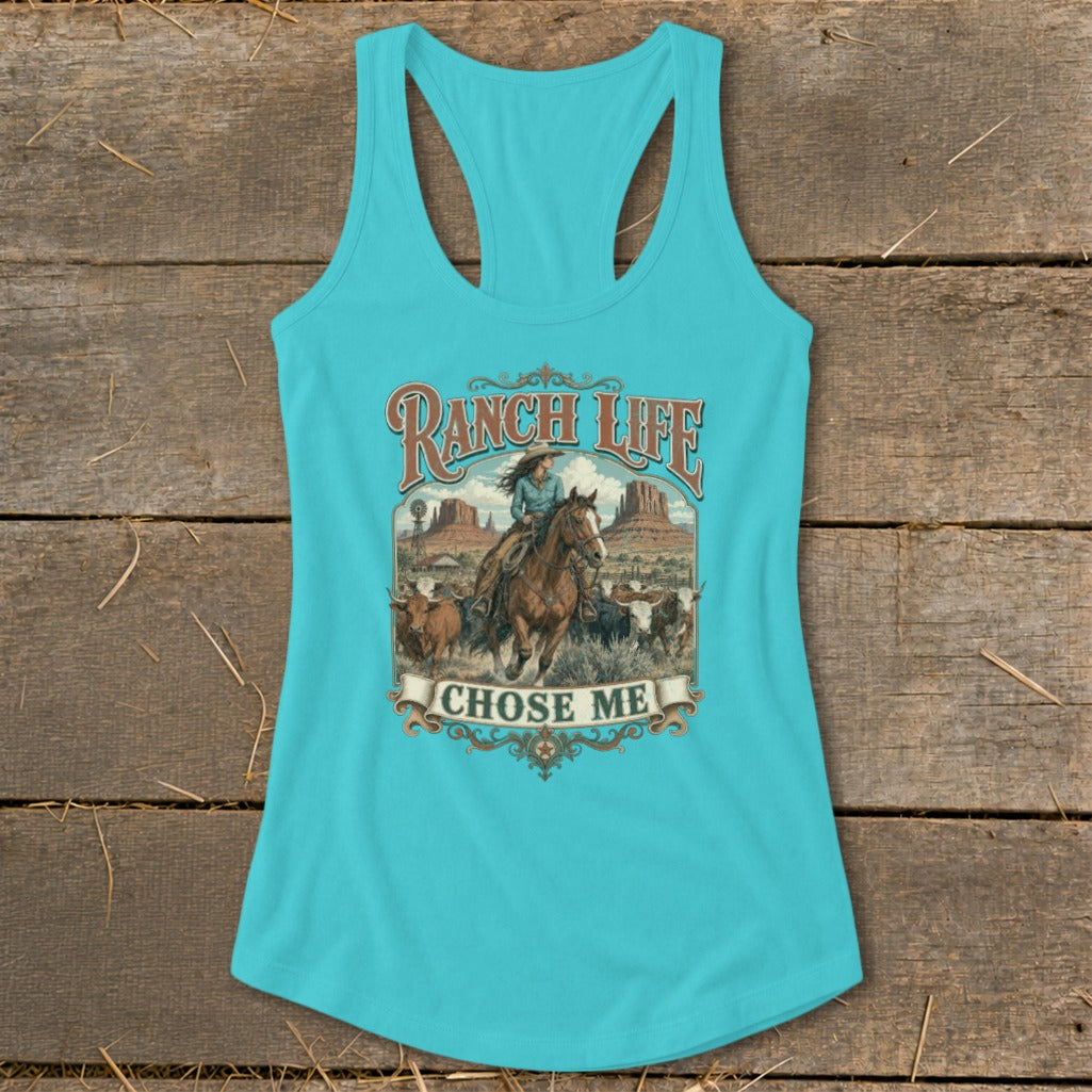 Turquoise tank top with a ranch scene graphic that reads "Ranch Life Chose Me."