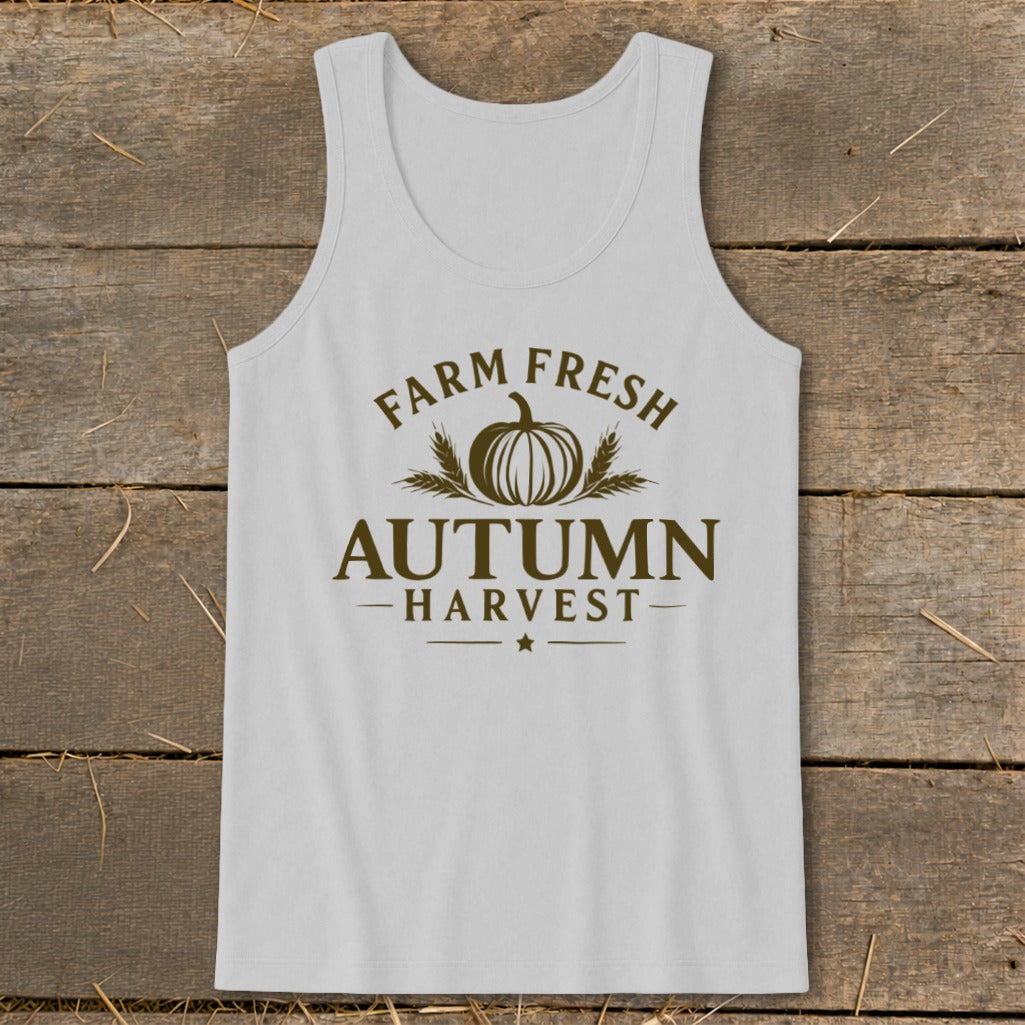 White tank top with "Farm Fresh Autumn Harvest" pumpkin graphic.