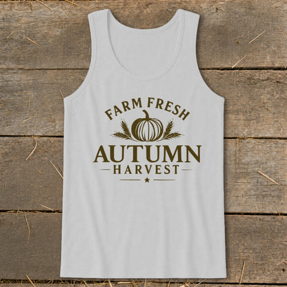 White tank top with "Farm Fresh Autumn Harvest" pumpkin graphic.