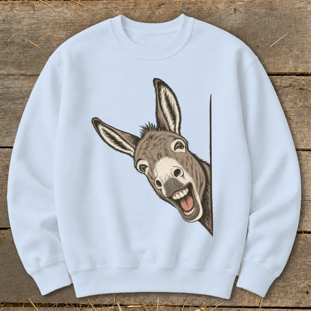 Light blue sweatshirt with a cartoon donkey peeking from the side.