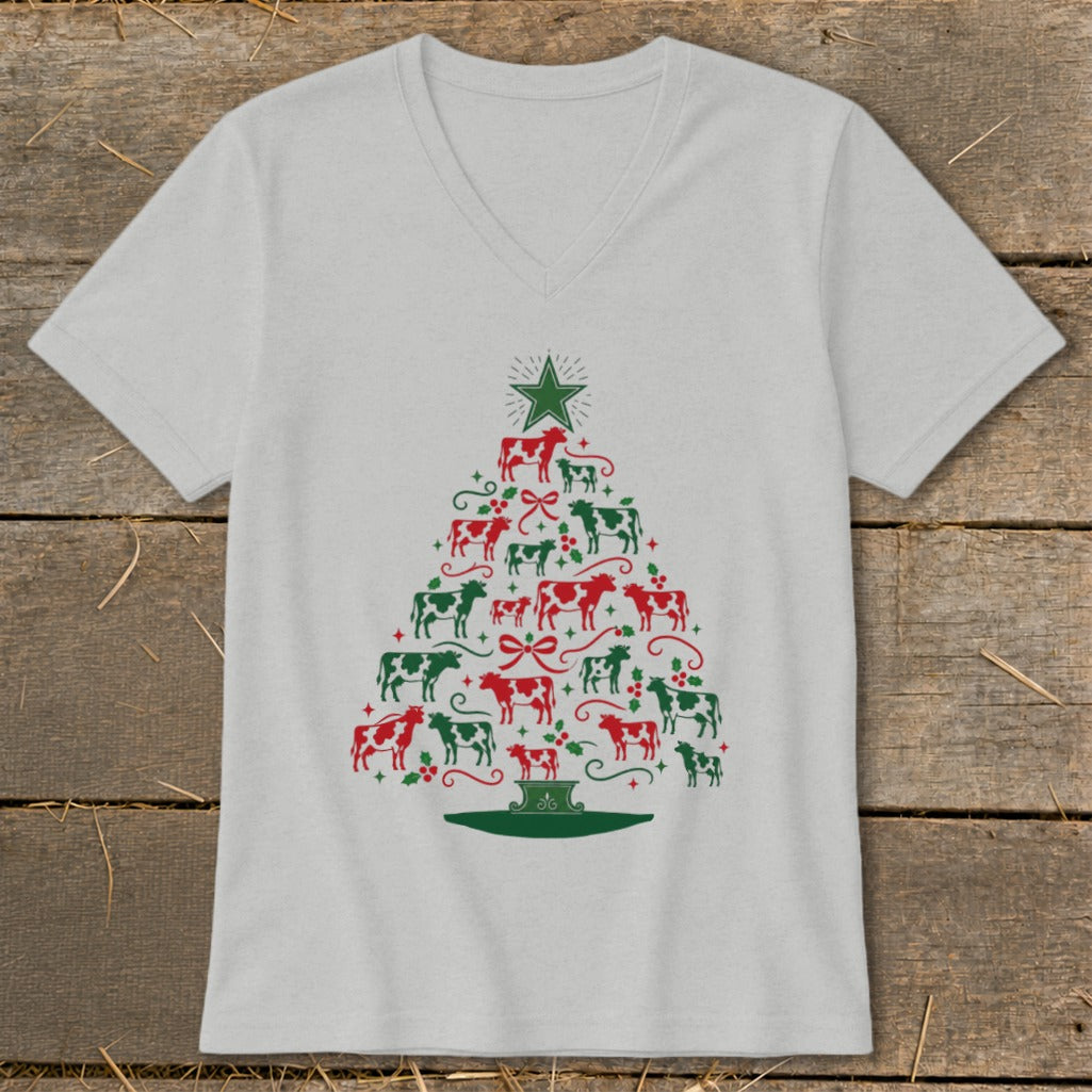 Light grey t-shirt with a Christmas tree design made of red and green cows.