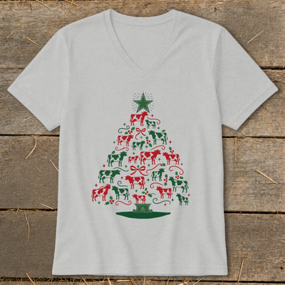 Light grey t-shirt with a Christmas tree design made of red and green cows.