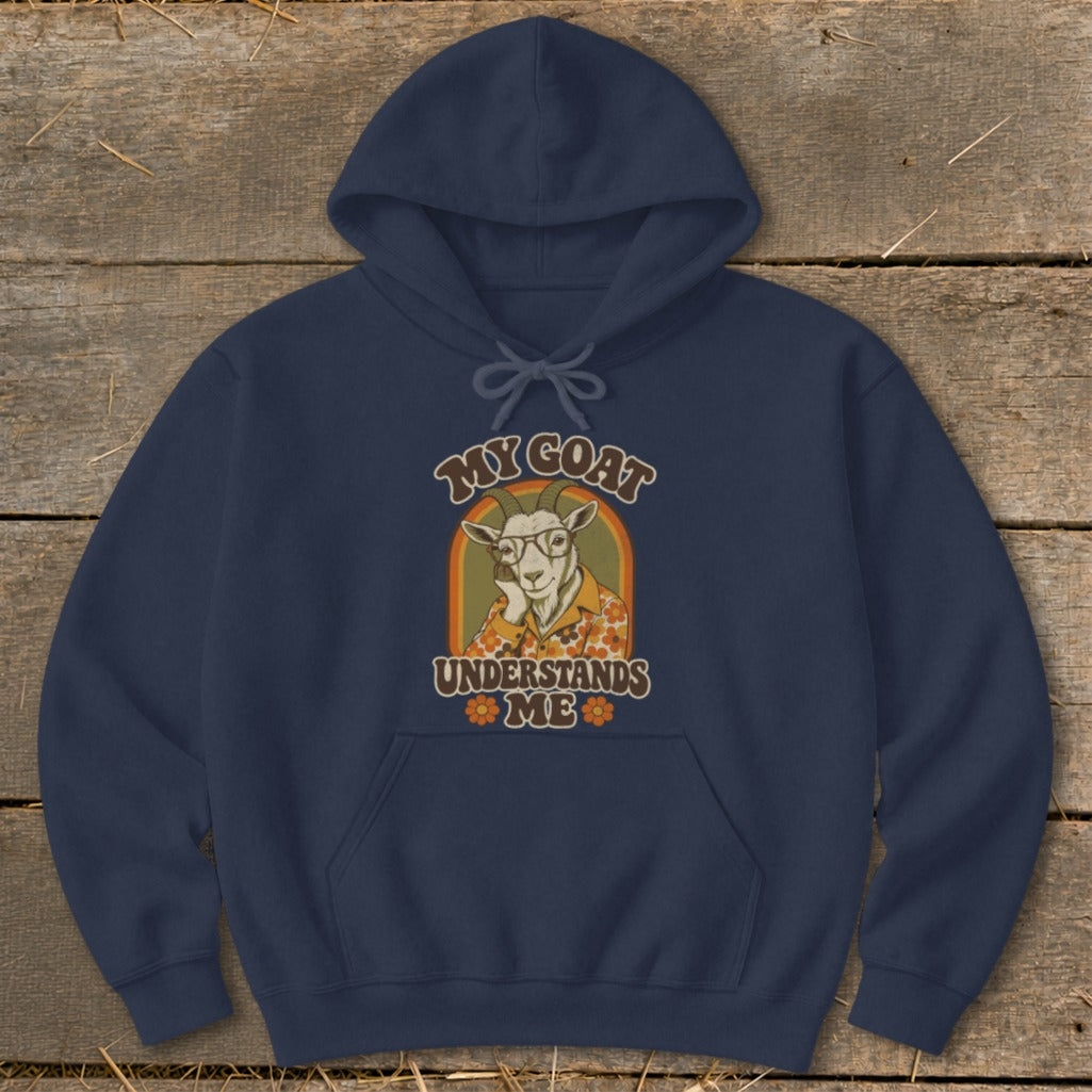 Navy hoodie with retro graphic of a goat wearing glasses and shirt. Text: "My Goat Understands Me".