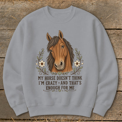 Light blue sweatshirt with a horse illustration and text "MY HORSE DOESN'T THINK I'M CRAZY AND THAT'S ENOUGH FOR ME".