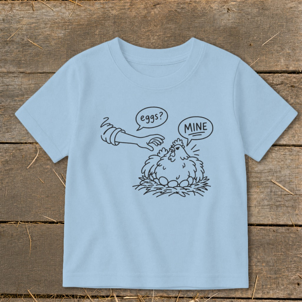 Line art of a chicken on eggs with speech bubbles reading "eggs?" and "MINE".