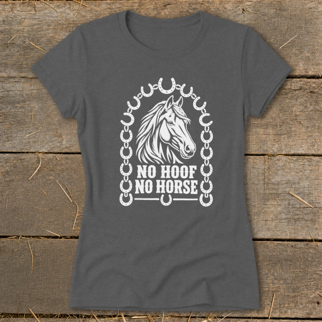 Dark gray t-shirt with white horse head graphic and text "NO HOOF NO HORSE".