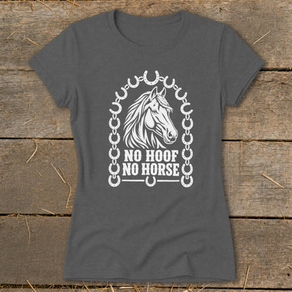 Dark gray t-shirt with white horse head graphic and text "NO HOOF NO HORSE".