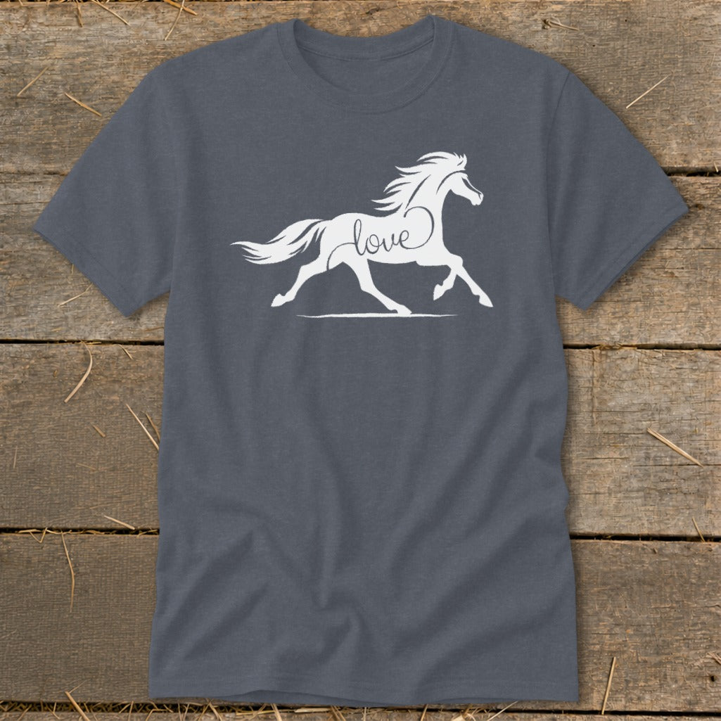 Dark grey t-shirt with a white silhouette of a horse and the word "love".