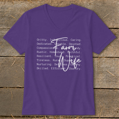 Purple v-neck t-shirt with "Farm Wife" text and descriptive words.
