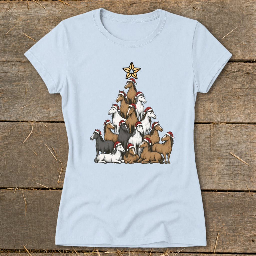 Horses arranged in a Christmas tree shape wearing Santa hats, topped with a star.