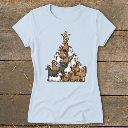 Horses arranged in a Christmas tree shape wearing Santa hats, topped with a star.