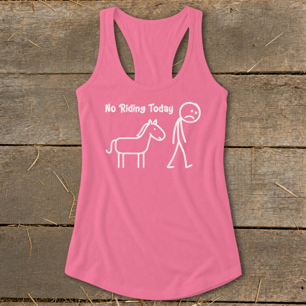 Pink tank top with white text and stick figure horse and rider.