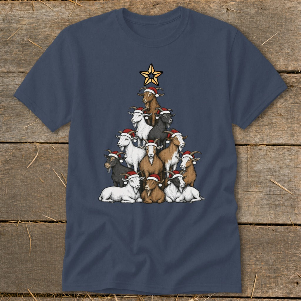 Christmas tree made of goats wearing Santa hats, topped with a star.