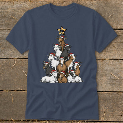 Christmas tree made of goats wearing Santa hats, topped with a star.